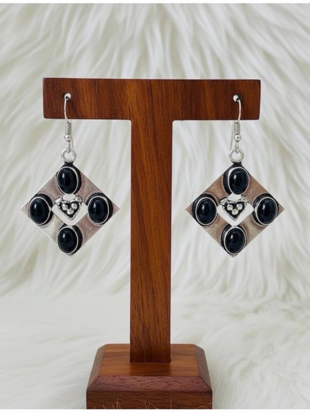 Black Cabochon Statement Earrings Silver Plated Geometric Dangle Boho
